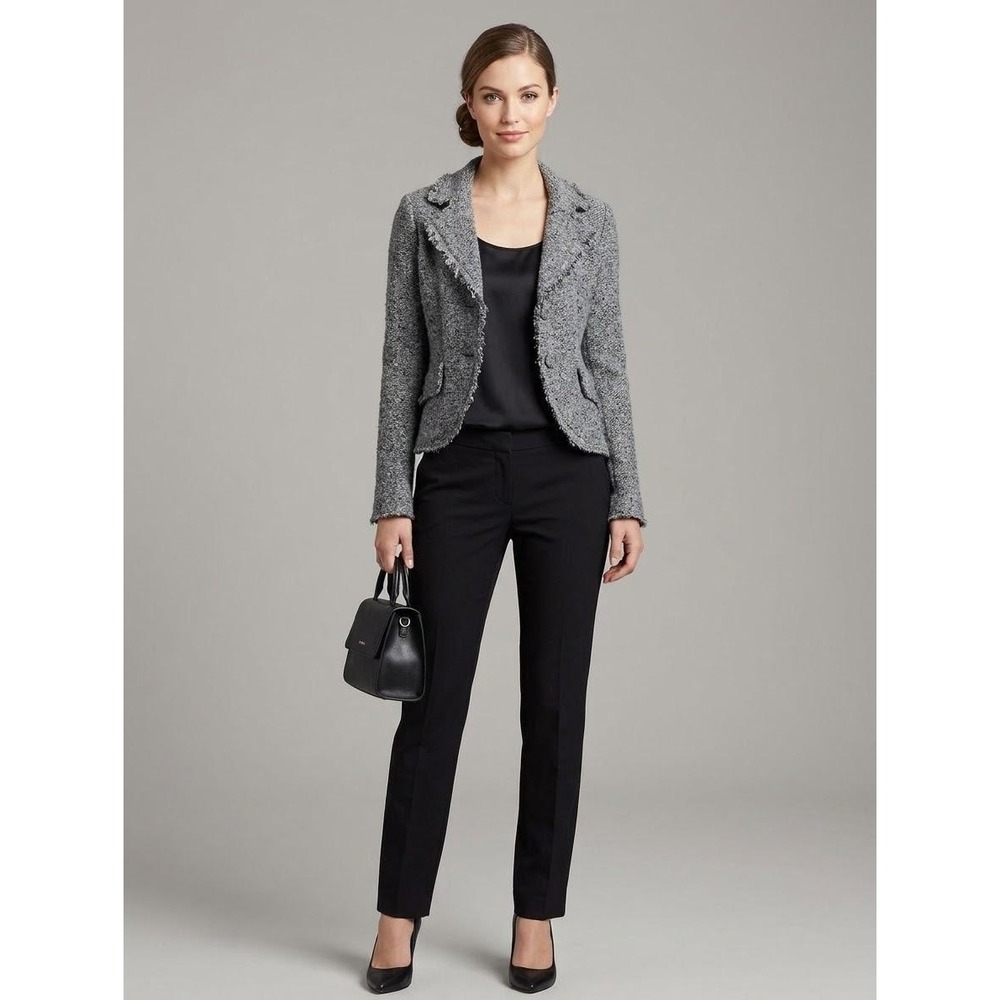 Nine West Knit Blazer Womens Medium Grey Wool Blend Fringe Trim Cardigan Jacket